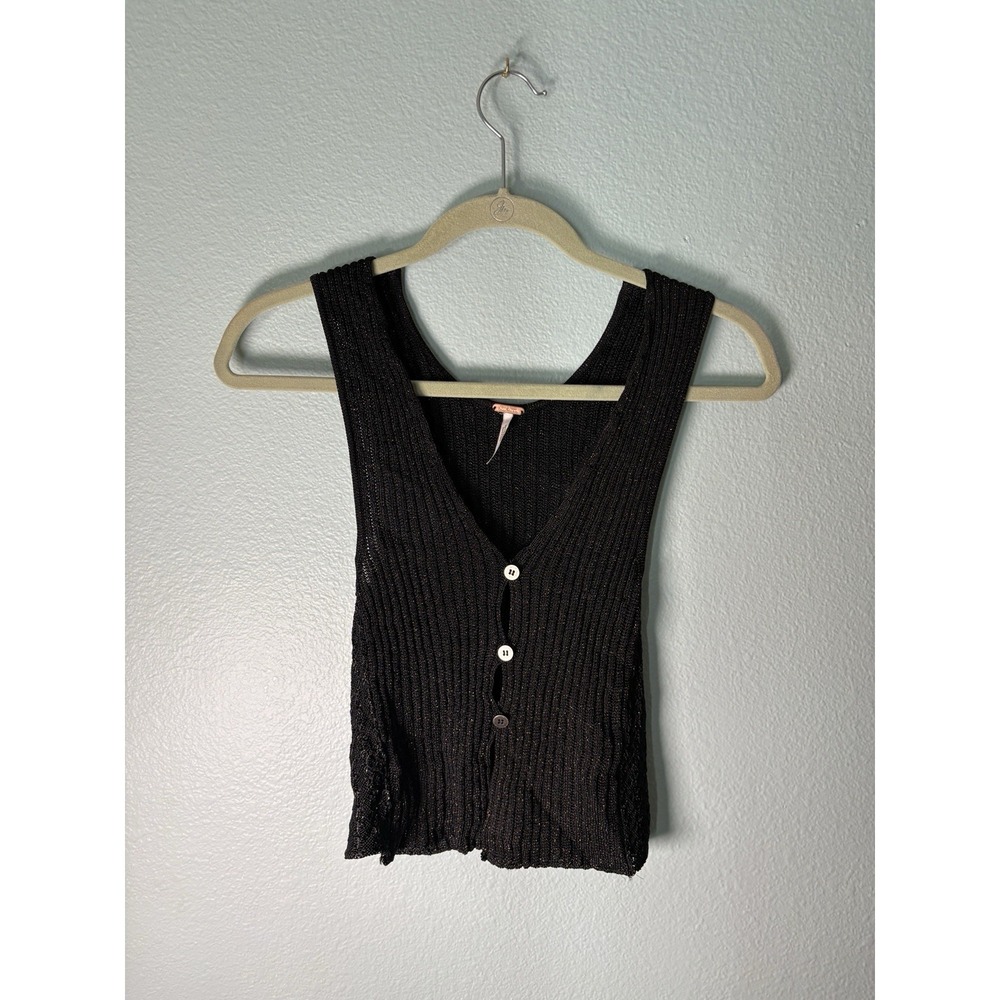 Free People Seascape Sweater Vest Black Metallic Ribbed Knit Button Front Top XS